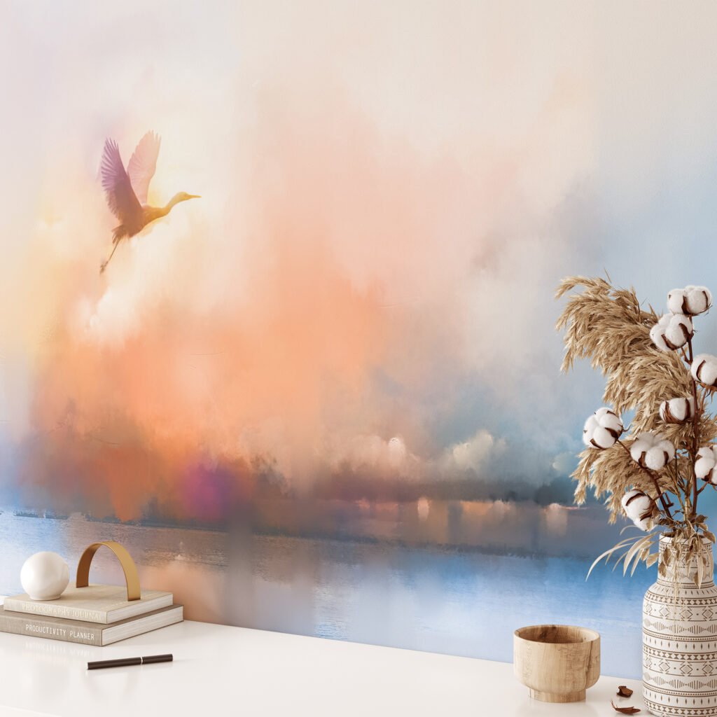 Yumuşak Günbatımı Manzaralı Uçan Kuşlu Duvar Kağıdı, Huzurlu Duvar Posteri, Yatak Odası veya Oturma Odası için 3D Duvar Kağıdı Soyut Duvar Kağıtları 2