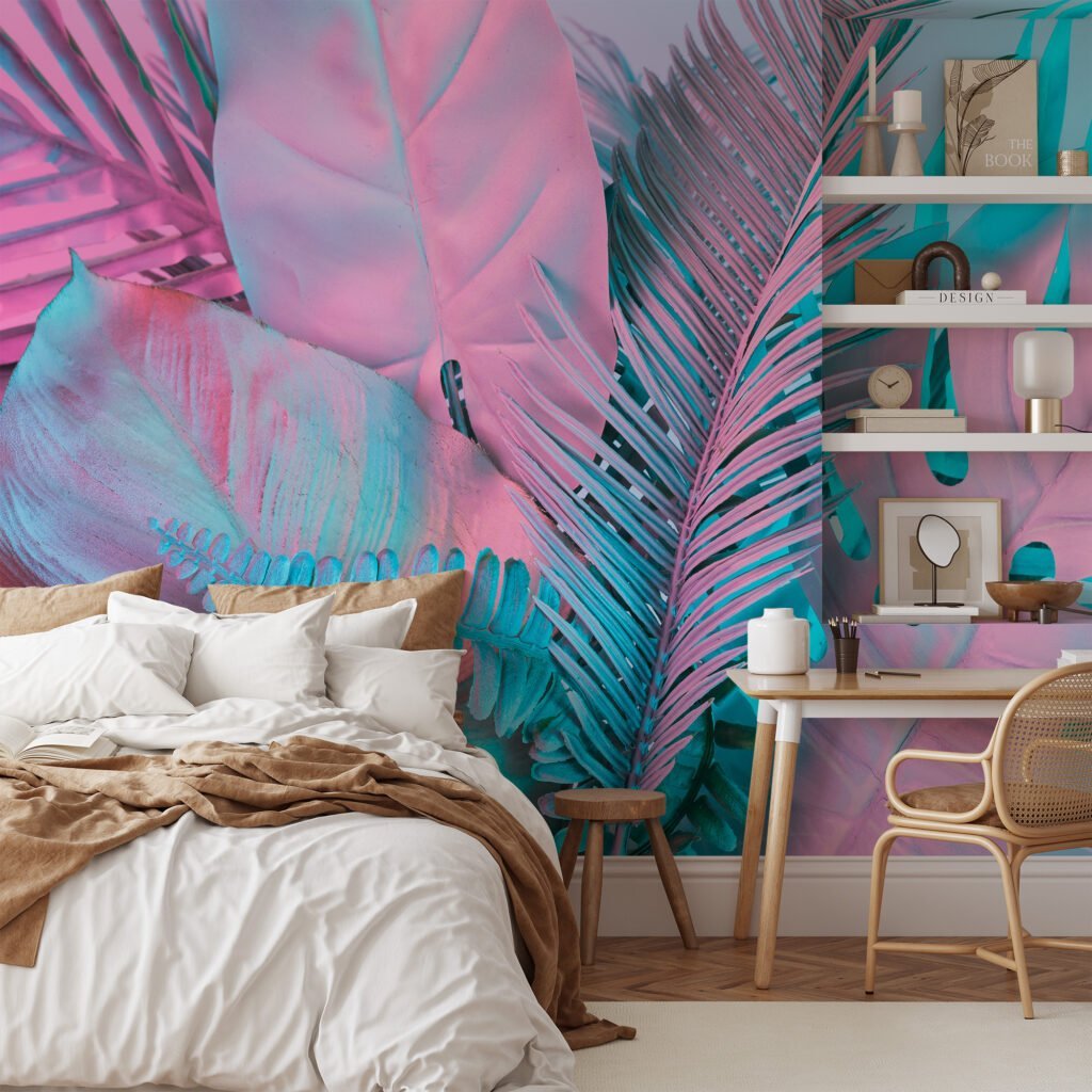 Renkli Tropikal Palmiye Yaprakları Duvar Kağıdı, Pembe ve Mavi Duvar Posteri Yaprak Desenli Duvar Kağıtları 2