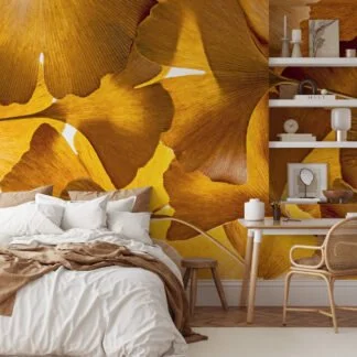 Sarı Büyük Yapraklarıyla Sonbahar Güzelliği, Doğa İlhamlı Evler İçin 3D Duvar Kağıdı Yaprak Desenli Duvar Kağıtları