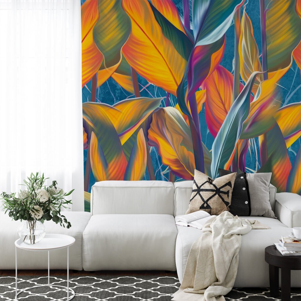 Renkli Büyük Yapraklar, Mavi Arka Planlı Duvar Kağıdı, Tropikal Temalı 3D Duvar Posteri Yaprak Desenli Duvar Kağıtları 3