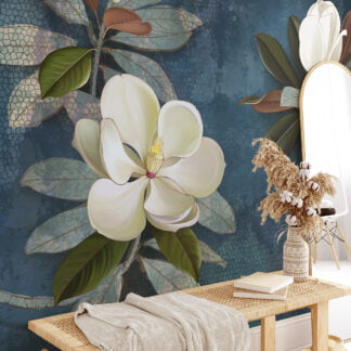 Large White Magnolia Flowers on Green Leafy Background Wallpaper, Peel and Stick Self Adhesive Removable Wall Mural, Nature-Themed Floral Print