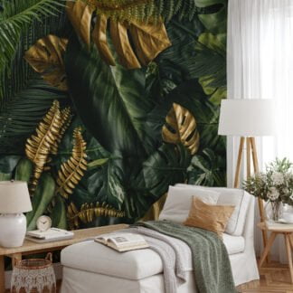 Canlı Altın ve Yeşil Tropikal Yapraklar, Orman Arka Planlı Duvar Kağıdı, Yemyeşil 3D Duvar Kağıdı Yaprak Desenli Duvar Kağıtları