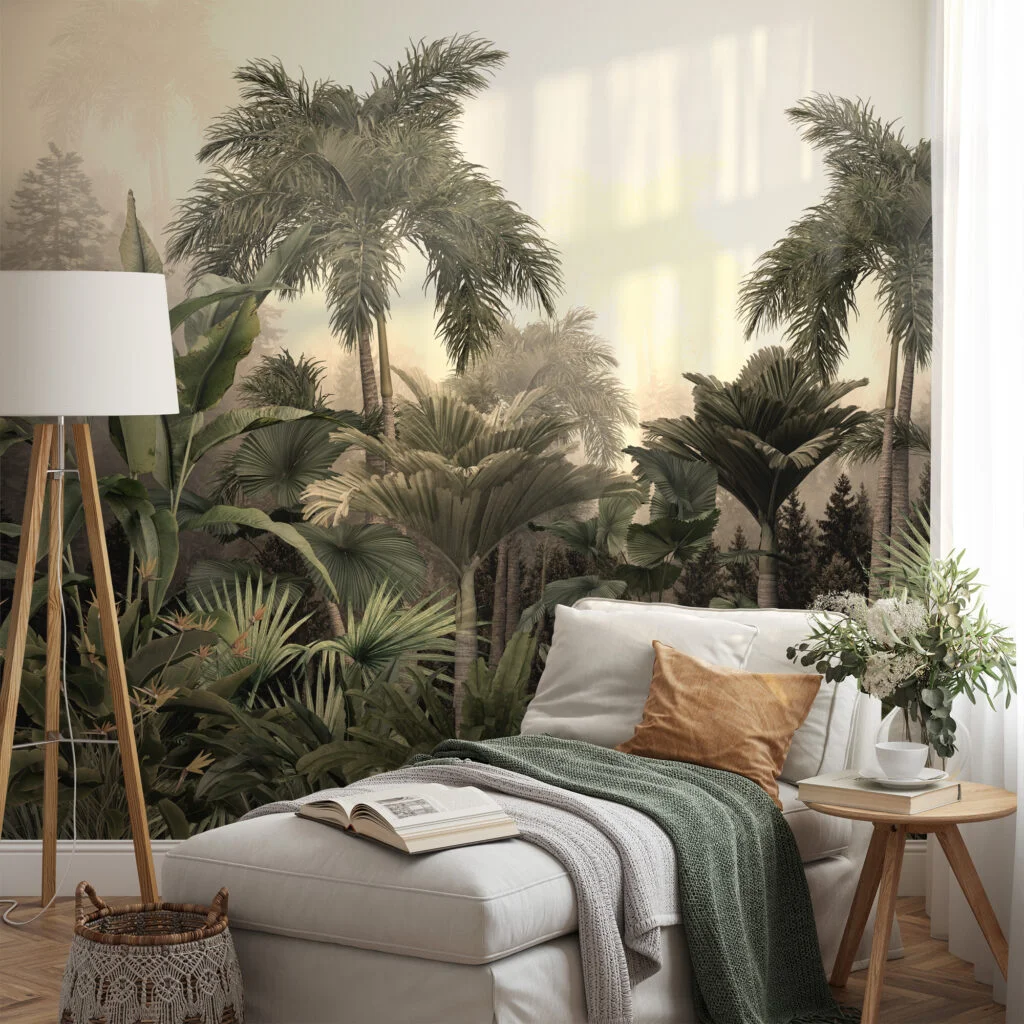 Sisli Orman Temalı Duvar Kağıdı, Palmiye Ağaçlı ve Büyük Yapraklı Tropikal Egzotik Tasarımlı 3D Duvar Posteri Orman Temalı Duvar Kağıtları 3