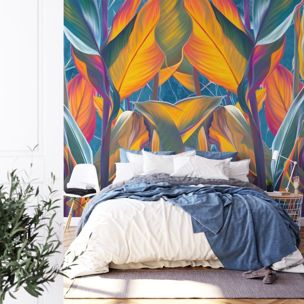 Renkli Büyük Yapraklar, Mavi Arka Planlı Duvar Kağıdı, Tropikal Temalı 3D Duvar Posteri Yaprak Desenli Duvar Kağıtları 4