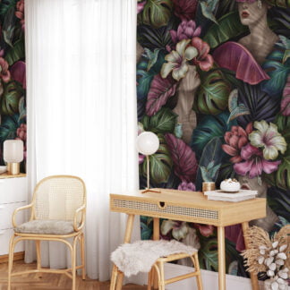 Çiçek Kaplı Yüzler Temalı Duvar Kağıdı, Oturma Odası veya Yatak Odası İçin Botanik Duvar Posteri Çiçekli Duvar Kağıtları