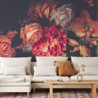 Koyu Arka Planlı Çiçek Buketi Duvar Kağıdı, Renkli Bir Duvar Dekoru için 3D Duvar Posteri Çiçekli Duvar Kağıtları