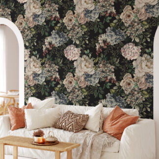 Modern Koyu Temalı Çiçek ve Yapraklar Duvar Kağıdı, Soyut Botanik Desenli Oturma Odası Dekoru için Duvar Posteri Çiçekli Duvar Kağıtları