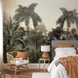 Sisli Orman Temalı Duvar Kağıdı, Palmiye Ağaçlı ve Büyük Yapraklı Tropikal Egzotik Tasarımlı 3D Duvar Posteri Orman Temalı Duvar Kağıtları