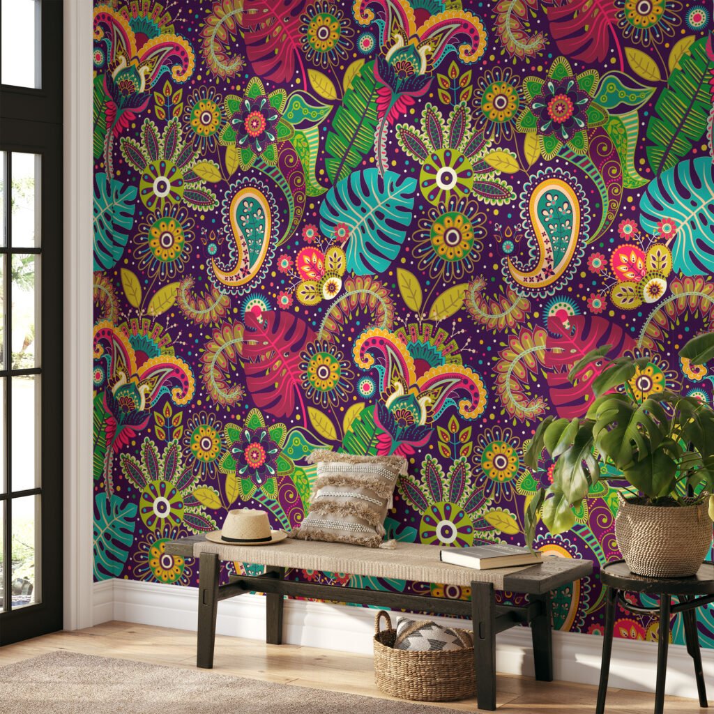 Renkli Geleneksel Çiçek ve Yaprak İllüstrasyonu Duvar Kağıdı, Canlı Bir Ev Dekoru için Duvar Posteri Çiçekli Duvar Kağıtları 9