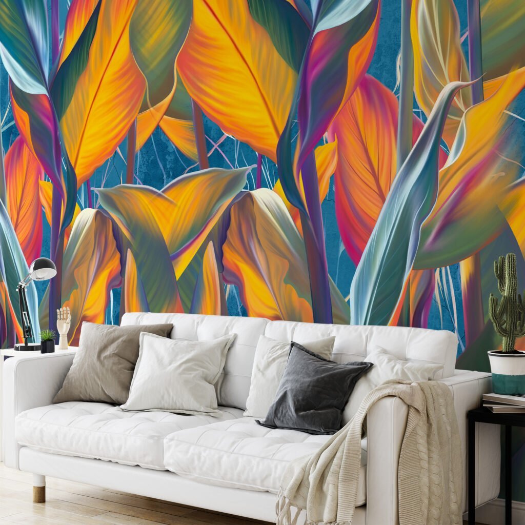 Renkli Büyük Yapraklar, Mavi Arka Planlı Duvar Kağıdı, Tropikal Temalı 3D Duvar Posteri Yaprak Desenli Duvar Kağıtları 7