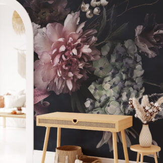 Koyu Arka Planlı Pembe Çiçekler Duvar Kağıdı, Romantik ve Büyüleyici Yatak Odası için Duvar Posteri Çiçekli Duvar Kağıtları