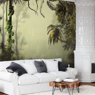 Zarif Sisli Yeşil Orman Manzaralı Duvar Kağıdı, Palmiye Ağaçlı Yoğun Orman Tasarımlı 3D Duvar Posteri Orman Temalı Duvar Kağıtları