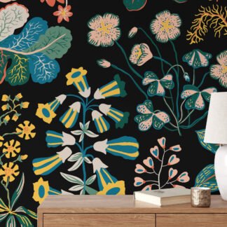 Koyu Zemin Üzerine Şık Düz Stil Çiçek Desenli Duvar Kağıdı Çiçekli Duvar Kağıtları