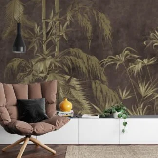 Tropikal Yapraklar, Kahverengi Beton Arka Planlı Duvar Kağıdı, Şık Görünüm İçin 3D Duvar Kağıdı Yaprak Desenli Duvar Kağıtları