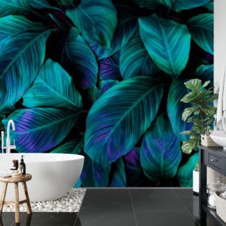 Yemyeşil Tropikal Yeşil Cannifolium Yapraklar, Mor Vurgularıyla Duvar Kağıdı, Güzel 3D Duvar Kağıdı Yaprak Desenli Duvar Kağıtları