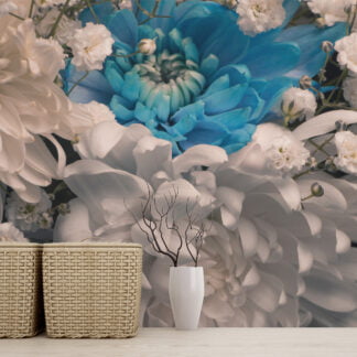 Minimalist Beyaz ve Mavi Krizantem Çiçekleri Desenli Duvar Kağıdı, Basit ve Şık Yatak Odası Dekoru Duvar Posteri Çiçekli Duvar Kağıtları