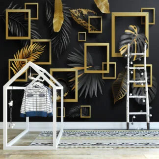 Geometrik Siyah ve Altın Yaprak Desenli Duvar Kağıdı, Modern Ev Dekoru için Zarif Duvar Posteri, 3D Duvar Kağıdı Geometrik Duvar Kağıtları
