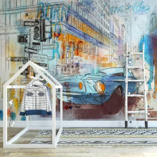 Retro Stili Araba ile Line Art Duvar Kağıdı, Araba Tutkunları için Modern Duvar Posteri Line Art Duvar Kağıdı