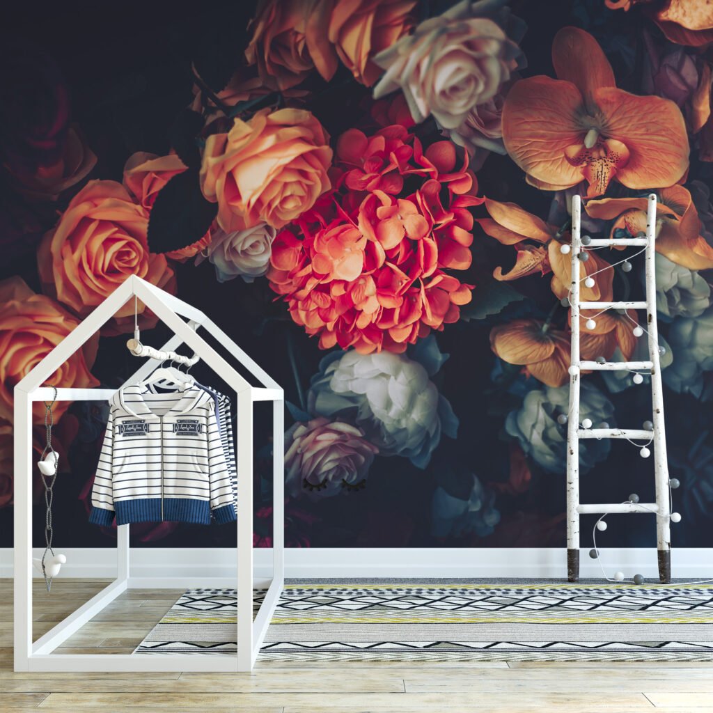Koyu Arka Planlı Çiçek Buketi Duvar Kağıdı, Renkli Bir Duvar Dekoru için 3D Duvar Posteri Çiçekli Duvar Kağıtları 9