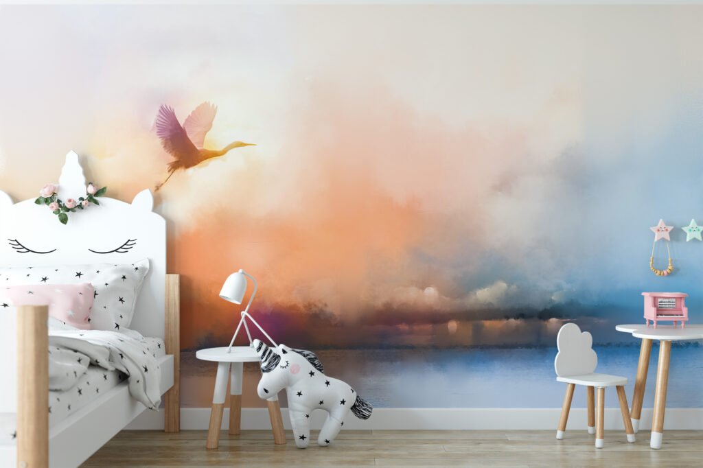 Yumuşak Günbatımı Manzaralı Uçan Kuşlu Duvar Kağıdı, Huzurlu Duvar Posteri, Yatak Odası veya Oturma Odası için 3D Duvar Kağıdı Soyut Duvar Kağıtları 9