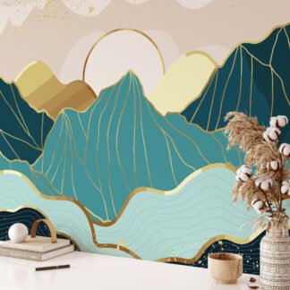 Minimalist Güneş Batımı ile Modern Soyut Dağlar Duvar Kağıdı, Stilize Manzara 3D Duvar Kağıdı Manzara Duvar Kağıtları