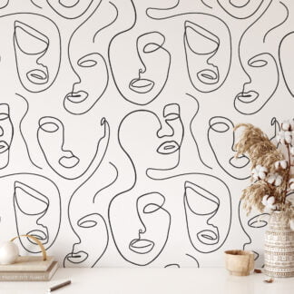 Soyut İnsan Yüzleri Line Art Desen Duvar Kağıdı, Minimalist Sanatsal Duvar Kağıdı Line Art Duvar Kağıdı