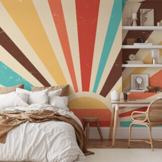 Renkli Retro Güneş Batımı Duvar Kağıdı, Soyut Güneş Işını Desenli 3D Duvar Kağıdı Soyut Duvar Kağıtları