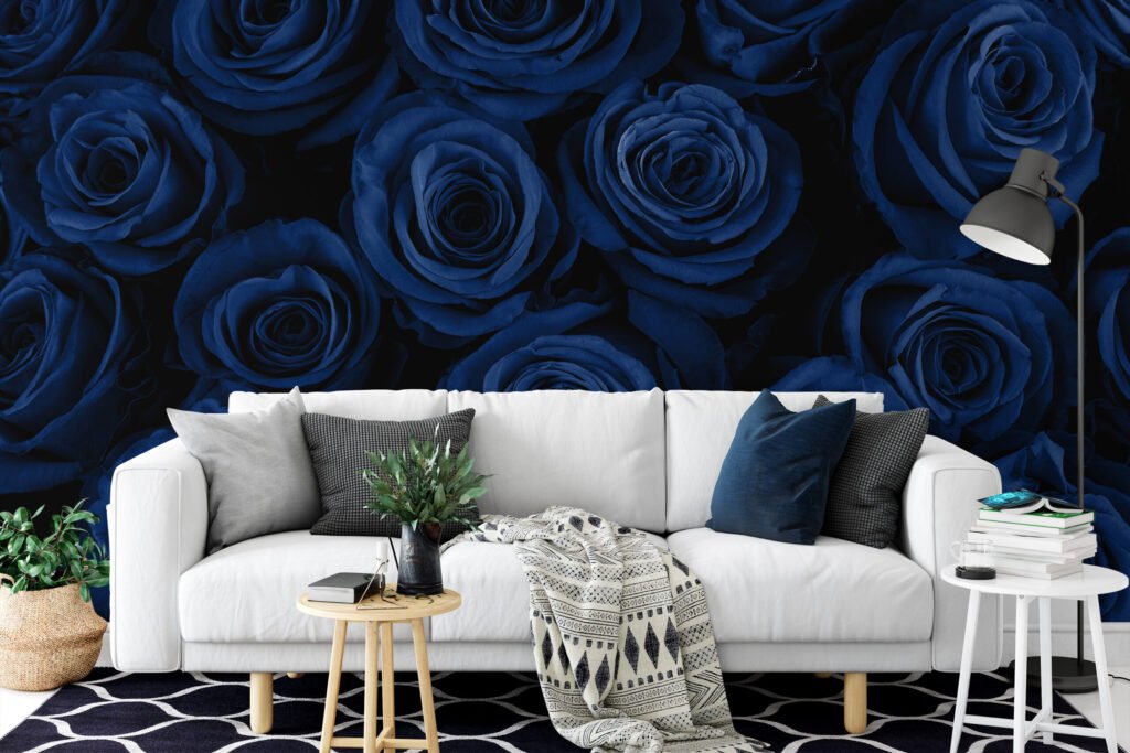 Floral Koyu Mavi Gül Duvar Kağıdı, Gece Yarısı Zarif Çiçek Duvar Posterleri Çiçekli Duvar Kağıtları 5