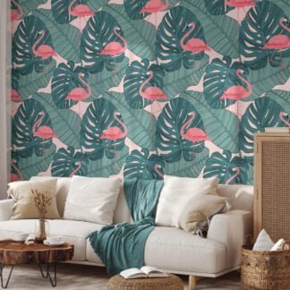 Büyük Monstera Yaprakları Pembe Flamingolar Duvar Kağıdı, Şık Flamingolar 3D Duvar Kağıdı Tropikal Duvar Kağıtları