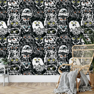 Soyut Baykuş Deseni Duvar Kağıdı, Monokrom Baykuşlar 3D Duvar Posteri Çocuk Odası Duvar Kağıtları