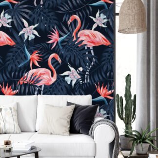 Koyu Mavi Tropikal Yapraklarla Flamingolar Duvar Kağıdı, Muhteşem Flamingolar 3D Duvar Posteri Hayvan Motifli Duvar Kağıtları