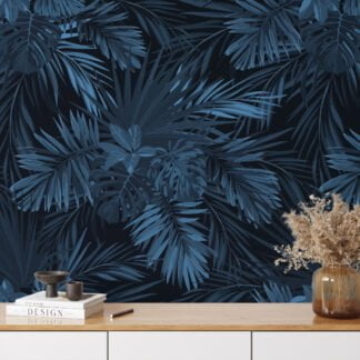 Gece Mavisi Tropikal Yapraklar Duvar Kağıdı, Lüks Koyu Yaprak Desenli 3D Duvar Posteri Yaprak Desenli Duvar Kağıtları