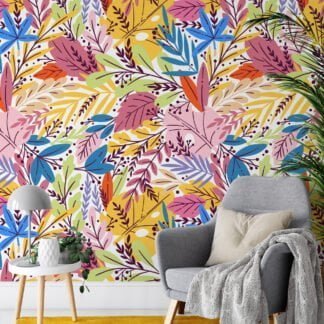 Renkli Yapraklar Duvar Kağıdı, Rengarenk Yaprak Desenli 3D Duvar Kağıdı Çiçekli Duvar Kağıtları