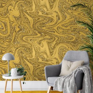 Parıltılı Altın Sarısı Mermer Desenli Duvar Kağıdı, Soyut Sıvı Altın Dalgalar Duvar Kağıdı Mürekkep Sanatı Duvar Kağıtları