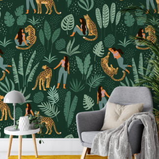 Yeşil Yapraklar ve Leoparlar Duvar Kağıdı, Vahşi Doğa İlhamlı Dekor Duvar Posteri Hayvan Motifli Duvar Kağıtları