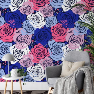 Renkli Abstract Gül Desenli Duvar Kağıdı, Cesur Mavi & Pembe Çiçek Tasarımı 3D Duvar Posteri Çiçekli Duvar Kağıtları
