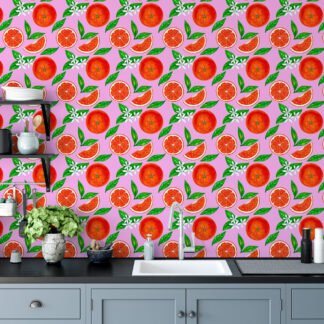 Pembe Arka Planlı Parlak Renkli Portakal Çizimi Duvar Kağıdı, Çiçek Açan Portakal Narenciye Duvar Posteri Çiçekli Duvar Kağıtları