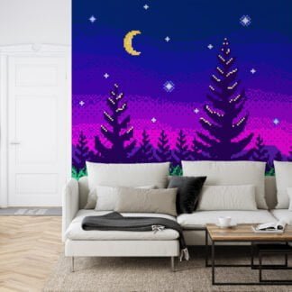 Pixel Art Gece Ağaçları Mor Gradyan Arka Plan Duvar Kağıdı, Piksel Yıldızlı Gece Ormanı 3D Duvar Posteri Pixel Art Duvar Kağıtları