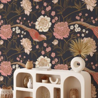 Geleneksel Stil Çiçekli Duvar Kağıdı, Gül Pembesi Kuşlar ve Koyu Zeminli Duvar Posteri Çiçekli Duvar Kağıtları