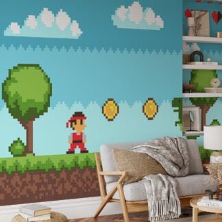 Pixel Art Oyun Seviye Platformu Dinozorlu Duvar Kağıdı, Klasik 8-bit Macera Oyun Sahnesi 3D Duvar Posteri Çocuk Odası Duvar Kağıtları