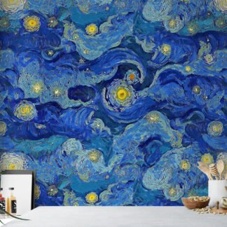 Mavi ve Sarı Soyut Sanatçı Resim Etkili Duvar Kağıdı, Van Gogh Stili Mavi Sanat Duvar Posteri Soyut Duvar Kağıtları