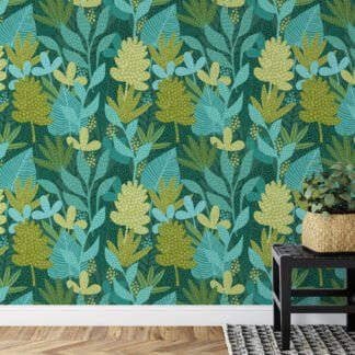 Flat Art Yeşil Tonlu Bitkiler Duvar Kağıdı, Büyülü Tropikal Orman 3D Duvar Posteri Tropikal Duvar Kağıtları