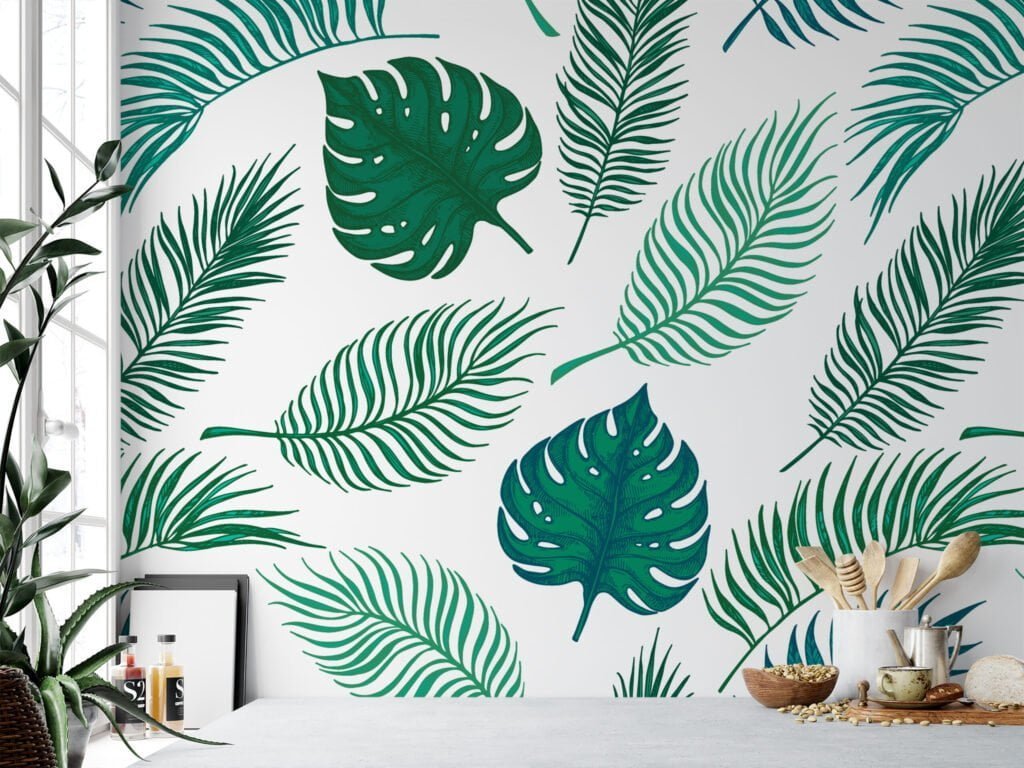Tropikal Yapraklar Beyaz Arka Planlı Duvar Kağıdı, Karışık Yeşillik Duvar Kağıdı Yaprak Desenli Duvar Kağıtları 4
