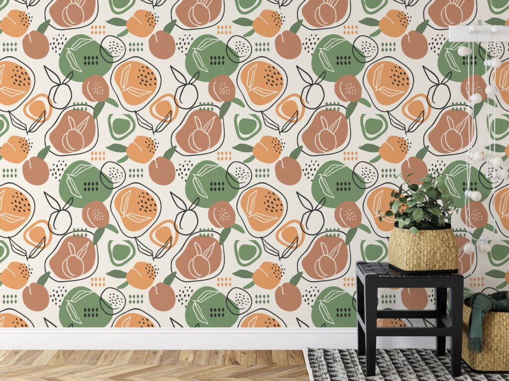 Soyut Meyve İllüstrasyon Duvar Kağıdı, Meyve Desenli 3D Duvar Kağıdı Line Art Duvar Kağıdı 5