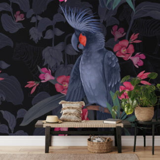 Koyu Gece Mavisi Büyük Papağan ve Pembe Çiçekler Duvar Kağıdı, Şık Tropikal Duvar Posteri Çiçekli Duvar Kağıtları