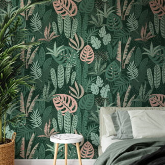 Yeşil Orman Flat Art Yapraklar Duvar Kağıdı, Koyu Yeşil ve Pembe Tropikal Yapraklar 3D Duvar Posteri Tropikal Duvar Kağıtları