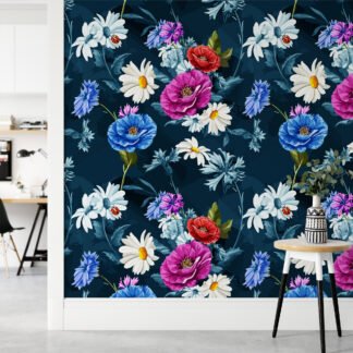 Açan Çiçekler İllüstrasyonlu Duvar Kağıdı, Gece Bahçesi Çiçekli 3D Duvar Posteri Çiçekli Duvar Kağıtları
