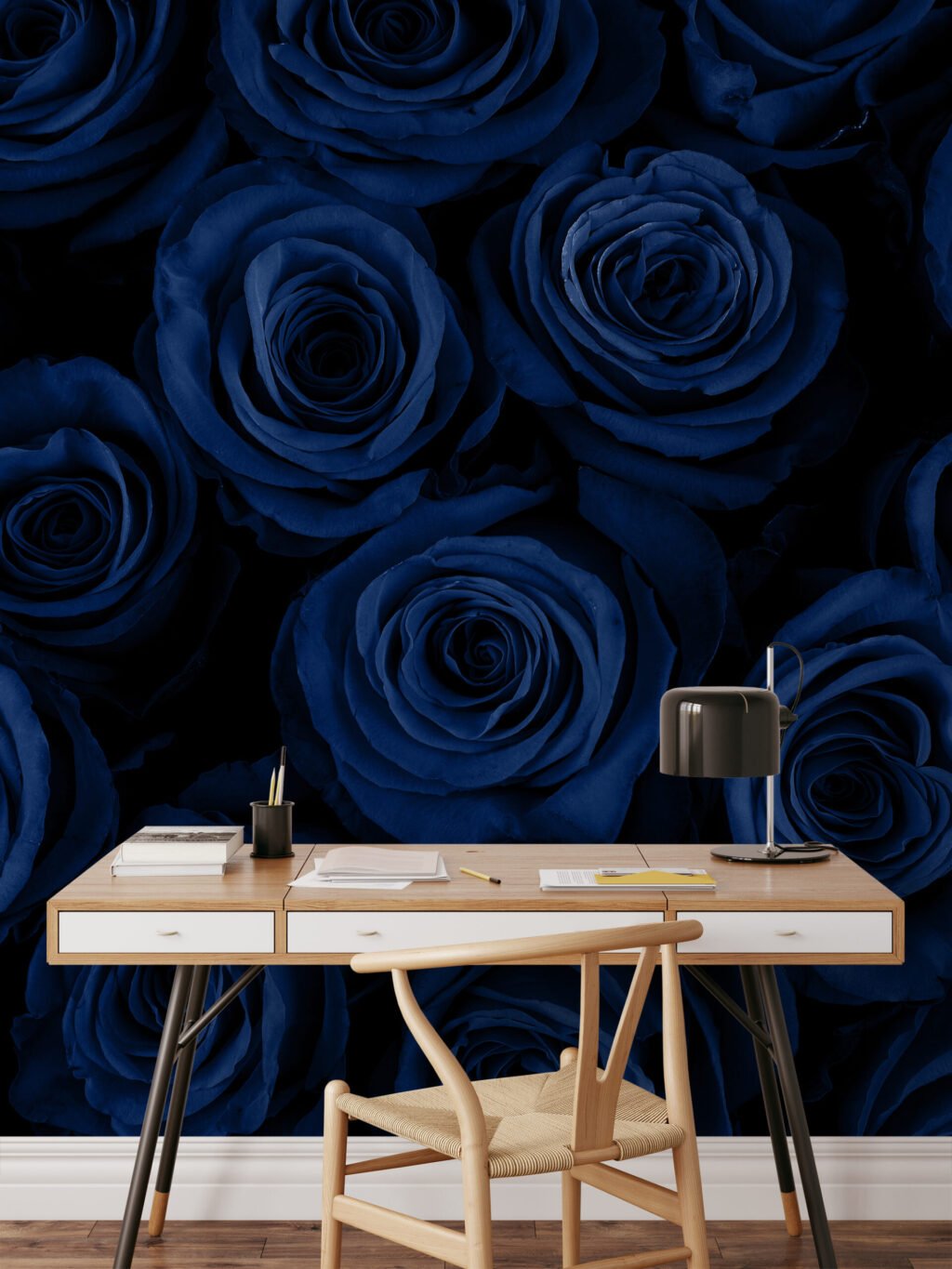 Floral Koyu Mavi Gül Duvar Kağıdı, Gece Yarısı Zarif Çiçek Duvar Posterleri Çiçekli Duvar Kağıtları 4