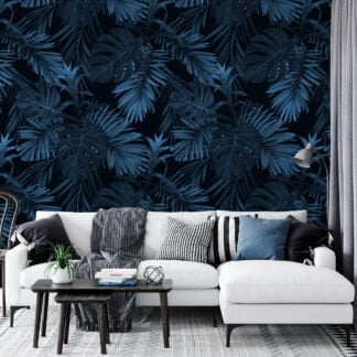 Koyu Mavi Tropikal Yapraklar Duvar Kağıdı, Koyu Şık 3D Yaprak Desenli Duvar Posteri Yaprak Desenli Duvar Kağıtları