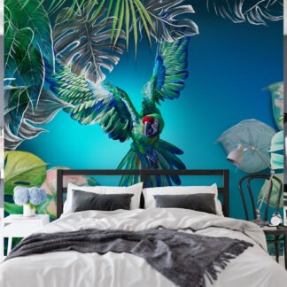 Büyük Papağan ve Monstera Yaprakları Mavi Zeminli Duvar Kağıdı, Canlı Tropikal Duvar Posteri Hayvan Motifli Duvar Kağıtları